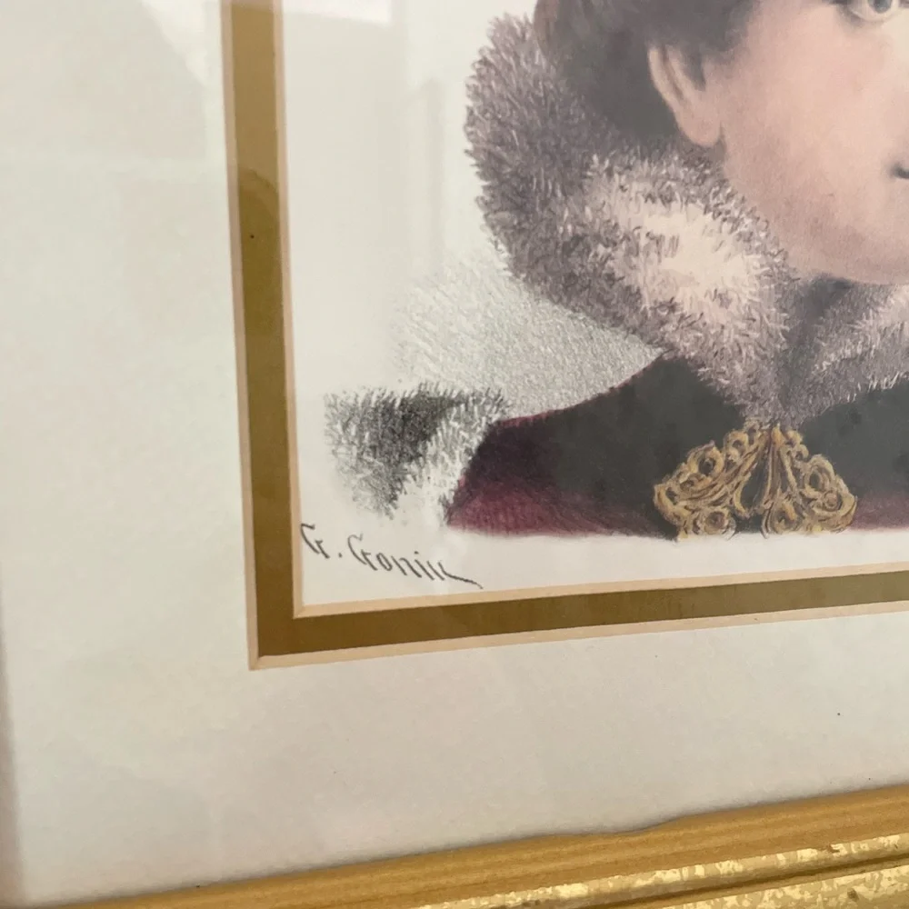 G Gonik 12x14 Victorian Lady Portrait in Gold Frame -  Maroon Hat Accent